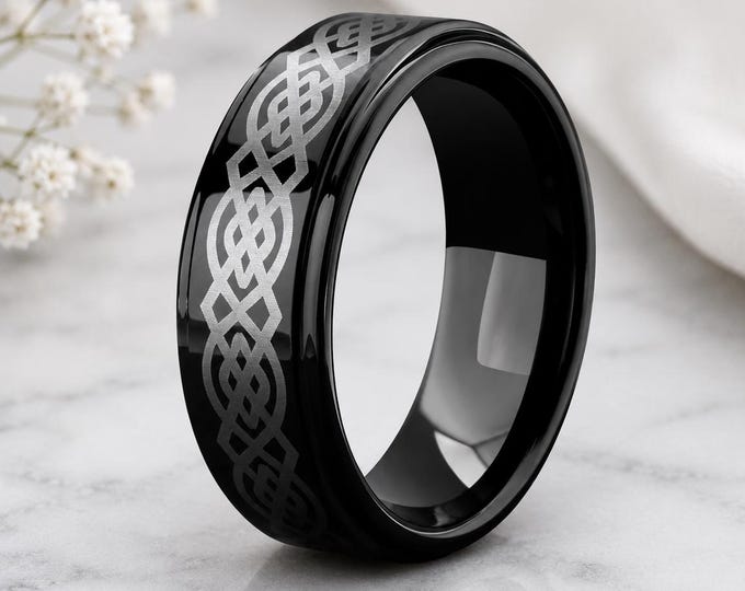 Black Tungsten Celtic Knot Wedding Ring, Custom Laser Engraved Band, Unique Couples Wedding Jewelry, Personalized Anniversary Gift