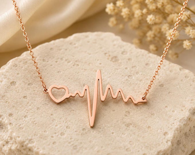 Custom Engraved Rose Gold Heartbeat Necklace, Personalized 316L Stainless Steel Pendant, Name Necklace Memorial Gift, Anniversary Jewelry