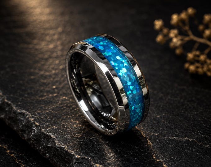 Custom Engraved Tungsten Carbide Ring, Hawaiian Blue Opal Inlay Wedding Band, Comfort Fit Promise Ring, Personalized His-Hers Matching Gift