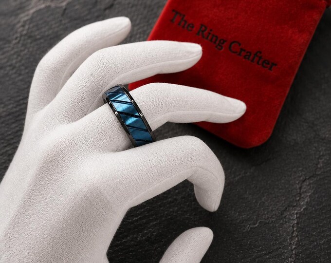 8mm Blue and Black Tungsten Wedding Band, Two-Tone Mens Ring, Brushed Finish Comfort Fit Engagement & Promise Ring, Durable Stylish Band