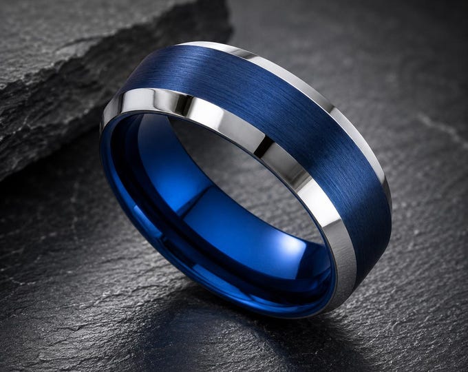 Electric Blue Tungsten Ring 9mm, Custom Engraved Wedding Band, Brushed Beveled Edge Ring, Personalized Statement Ring, Comfort Fit Band