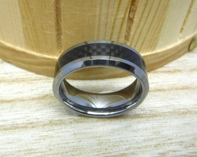 Personalized Tungsten Ring, 8mm Black Carbon Fiber Inlay Band, Custom Engraved Beveled Edge Wedding Ring, Modern Engagement Ring