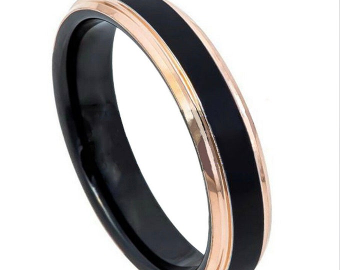 Personalized Engraving  - 4mm Tungsten Carbide Black Brushed Rose Gold StepEdge Engagement Anniversary | Wedding Band Ring for Men Or Women
