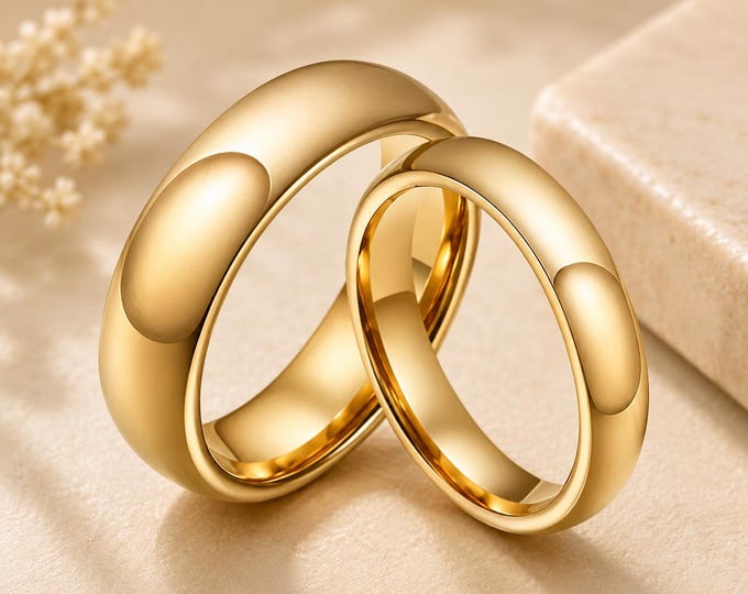 His & Hers Tungsten Wedding Ring Set, 8mm 6mm Polished Gold Bands, Personalized Engraved Couple Promise Rings, Elegant Matching Jewelry