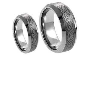 Custom Engraved His & Hers Ring, Tungsten Celtic Knot Wedding Band, Beveled Tungsten Rings for Couples, Personalized Matching Rings