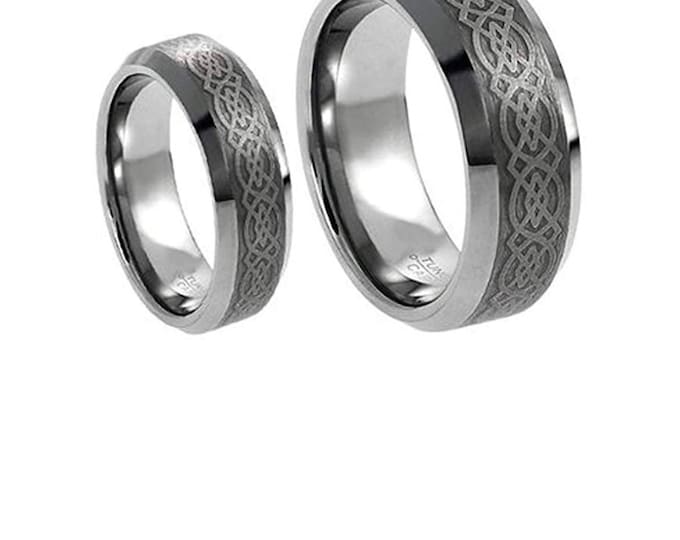 Custom Engraved His & Hers Ring, Tungsten Celtic Knot Wedding Band, Beveled Tungsten Rings for Couples, Personalized Matching Rings