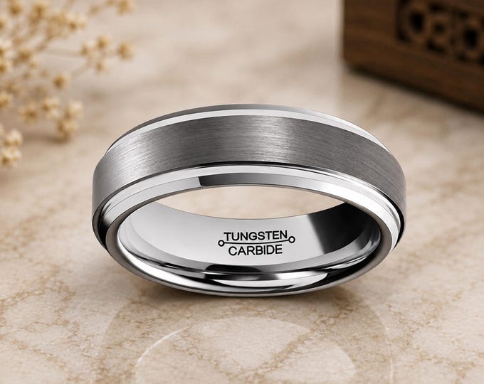 Personalized Engraved 6mm Ring, Tungsten Carbide Wedding Band, Brushed Center Step Edge Ring, Custom Promise Anniversary Ring Gift