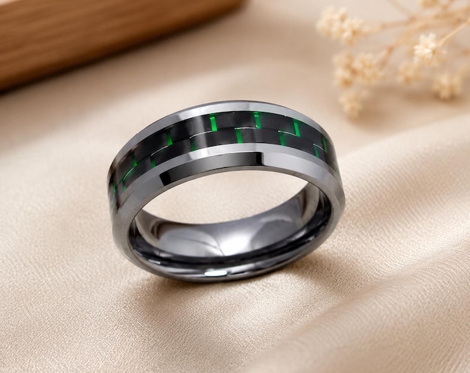 Black Tungsten Wedding Band with Green Carbon Fiber Inlay, Beveled Edge Modern Ring, Unique Anniversary Ring, Durable Comfort Fit Jewelry