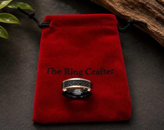 Custom Engraved Tungsten Wedding Band, Black Carbon Fiber Ring with Rose Gold Inlay, 8mm Mens Wedding Ring, Womens Unique Anniversary Gift