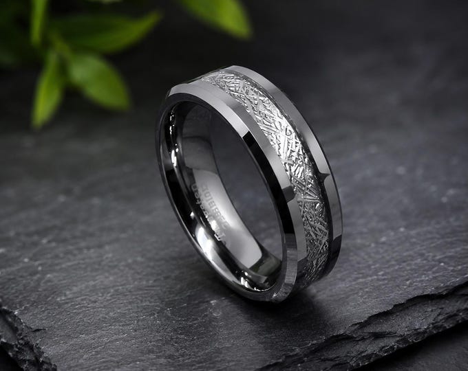 Beveled Edge Tungsten Wedding Band, 8mm Silver Ring with Meteorite Inlay, Unique Couple’s Ring, Space Inspired Comfort Fit Band for Couples