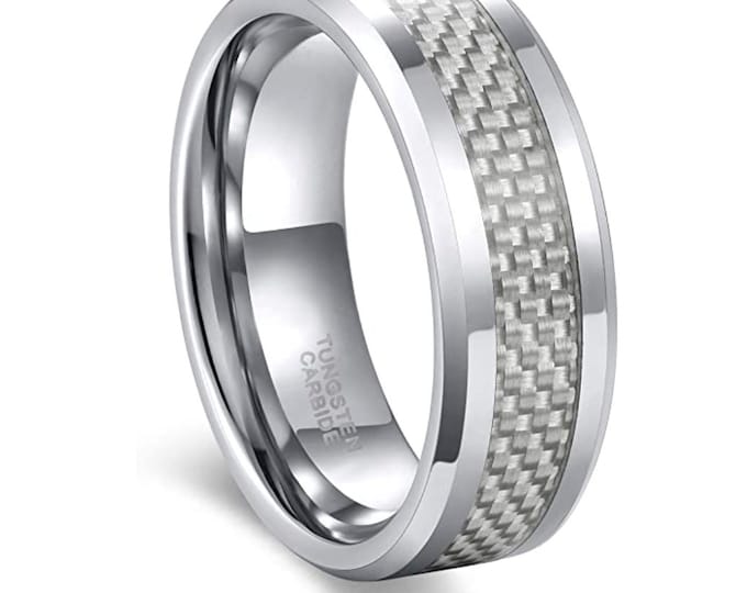 Wedding Band Set with Silver Carbon Fiber Inlay, Matching Engagement & Anniversary Rings, Custom Engraved Tungsten Carbide Anniversary Band