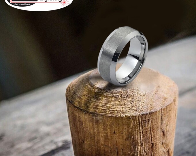 10mm Tungsten Carbide Ring, Custom Engraved Dainty Ring, Brushed Center Beveled Edge Band, Heavyweight Men's Wedding Band Personalized Gift
