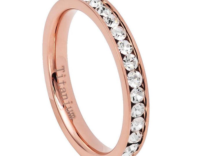 Personalized 3mm Rose Gold Titanium Eternity Ring, CZ Wedding Band, Custom Engraved Ring for Men & Women, Hypoallergenic and Durable Ring