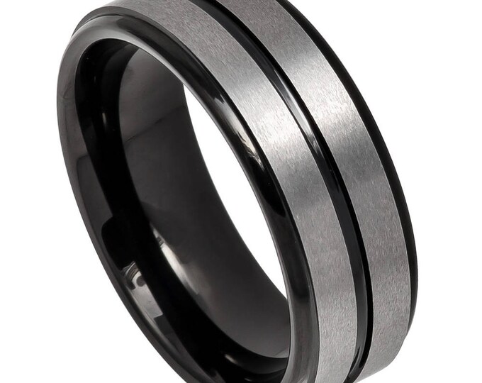 Personalised 8mm Tungsten Carbide Ring, Two-Tone Black Brushed Wedding Band, Custom Engraved Step Edge Ring for Men/Women, Unique Band Gift