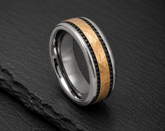 Personalized Tungsten Wedding Ring for Unisex, Yellow Gold Hammered Finish Band with Black Inlay Stripe, Custom Engraved Carbide Groom Ring