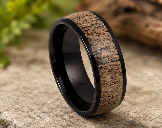 Custom Engraved Black Tungsten Ring with Real Antler Inlay, 8mm Dainty Wedding Band, Personalized Rustic Promise Ring, Anniversary Gift
