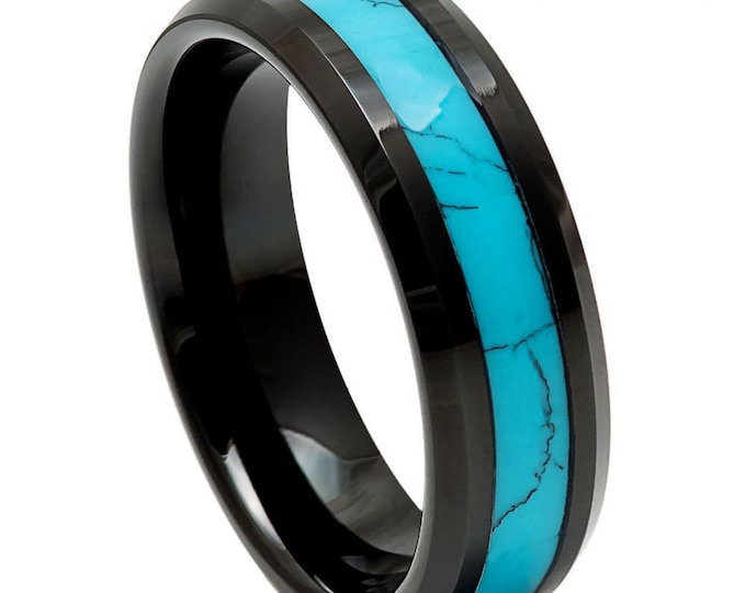 Free Personalized laser engraving Ring for Men and Women Black Plated Blue Turquoise Inlay – 6mm Wedding Band Ring Ideal Rings for Couples