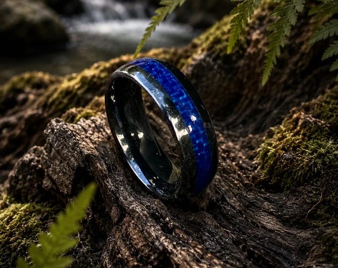 8mm Ceramic Black with Blue Carbon Fiber Ring, Lapis Lazuli Glowstone Ring on Black Ceramic, Orion Nebula Galaxy Opal Blue Tungsten Rings