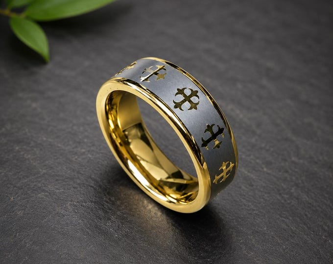 Celtic Cross Tungsten Carbide Ring, Custom Engraved Gold Plated Wedding Band, Comfort Fit Anniversary Religious Band, Gift Promise Ring
