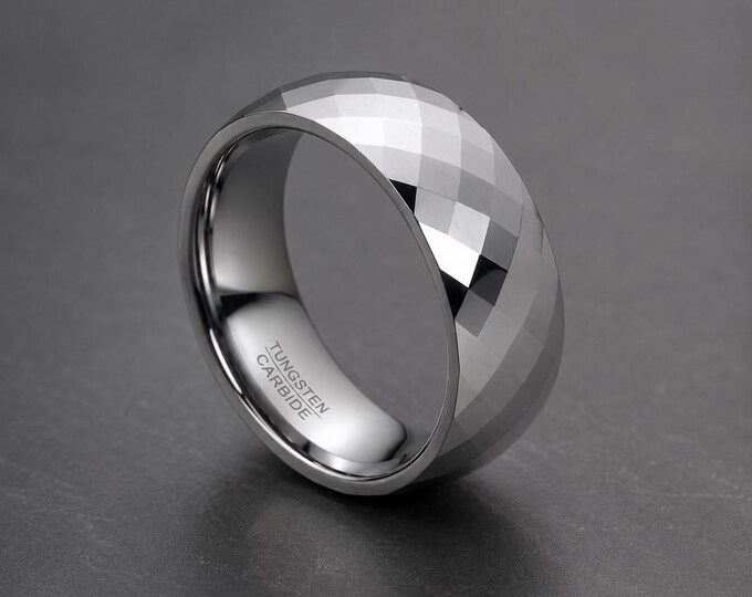 Personalized Black Tungsten Ring, Custom Engraved Faceted Dome Wedding Band, Sleek Matte Finish Anniversary Ring, Unique Couple Jewelry