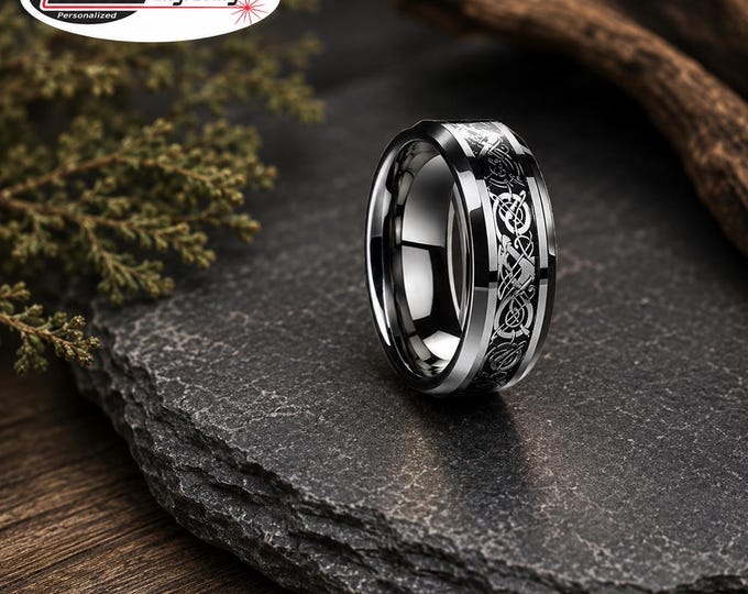 Personalized Celtic Dragon Knot Tungsten Ring, Custom Engraved 6mm 8mm Comfort Fit Wedding Band, Unique Viking Inspired Couple's Ring