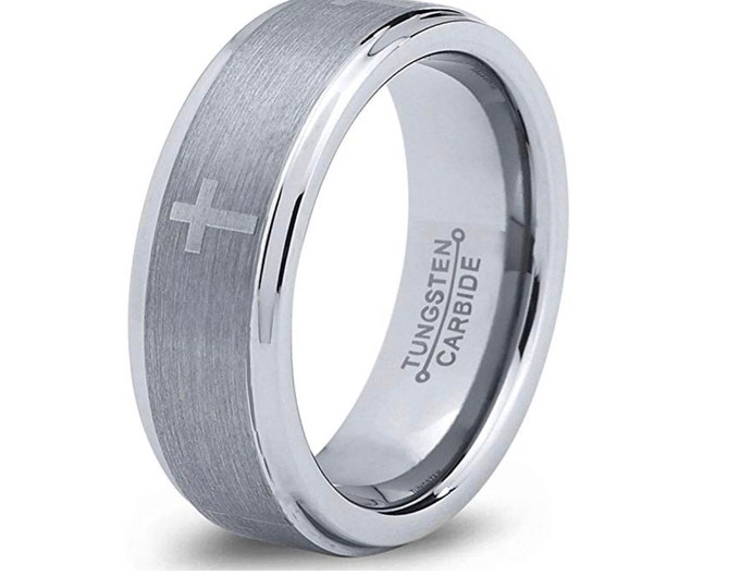Tungsten Carbide Christian Cross Ring, Personalized Engraved Ring, Wedding Band Ring For Men & Women, 8mm / 6mm Anniversary Ring
