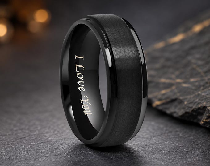Black Tungsten Wedding Band, 6mm/8mm Jewelry Ring, Custom Engraved "I Love You" Ring, Personalized Couple Gift, Durable Comfort Fit Ring