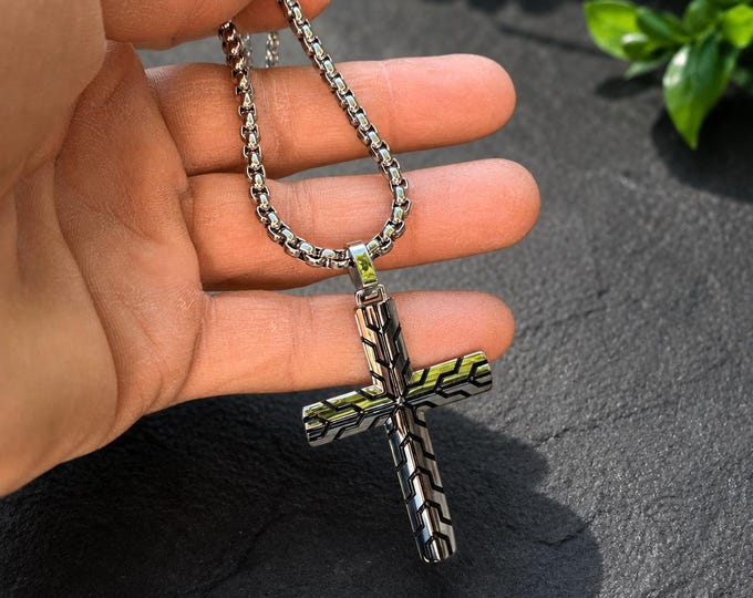 Stainless Steel Black Groove Cross Pendant Necklace, Men's Christian Cross Necklace, 26 Inch Chain Religious Gift, Modern Faith Jewelry