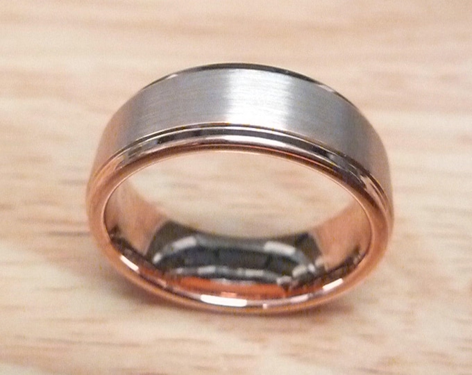 Custom Engraved Tungsten Ring, 6mm Rose Gold Plated Brushed Fiber Inlay Band, Hypoallergenic Step Edge Wedding Ring for Men & Women