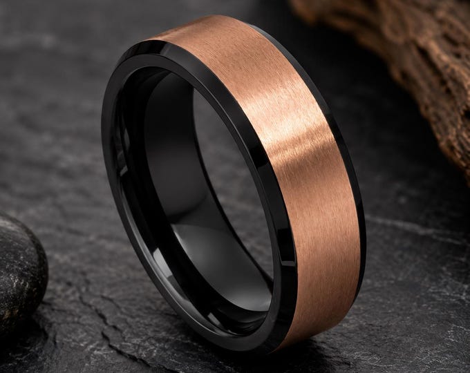 Custom Engraved Two-Tone Tungsten Carbide Ring, Rose Gold & Black Wedding Band, Anniversary Couples Band, Comfort Fit Durable Promise Ring