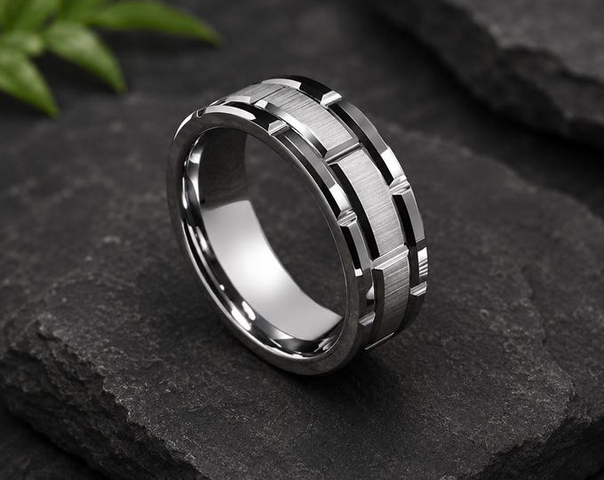 Custom Engraved Titanium Wedding Band for Men & Women, Brushed Finish with Polished Edges, Tire Groove Ring, Personalized Promise Ring Gift