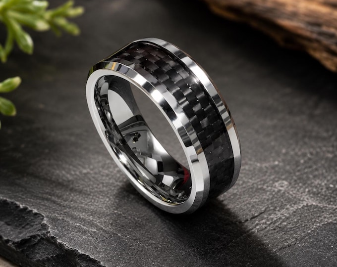 Personalized Black Carbon Fiber Tungsten Wedding Ring, Custom Engraved Beveled Edge Band, Unique Durable Modern Anniversary Jewelry
