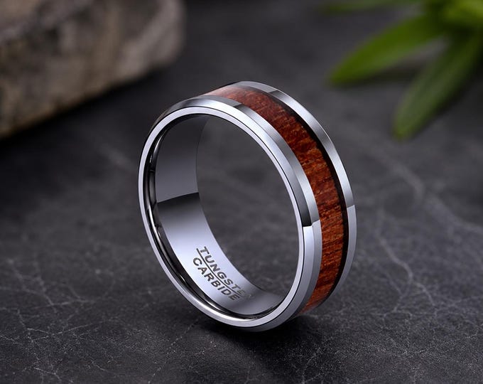 Custom Engraved Tungsten Ring 8mm, Wood Inlay Wedding Band, Rustic Beveled Edge Promise Ring, Personalized Anniversary Jewelry Gift