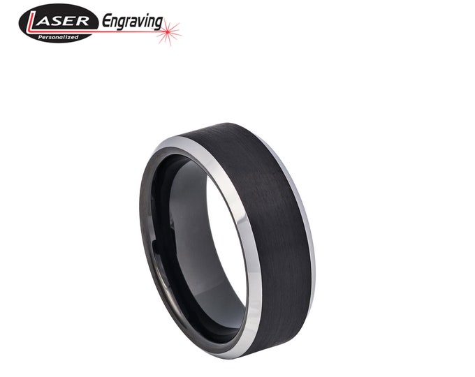 Personalized Engraving  - 8mm Tungsten Carbide Black Plated WIth SHiny Edges Wedding Band Ring for Men Or Women