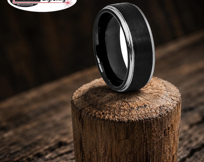 Custom Engraved Tungsten Wedding Band 8mm Black Plated Ring, Step Edge Design Men's Anniversary Ring, Personalized Comfort Fit Groom Ring
