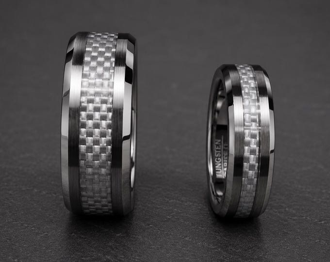 Personalized Tungsten Wedding Ring Set with Gray Carbon Fiber Inlay, Custom Engraved Matching Bands, Modern Couple Rings, Anniversary Gift