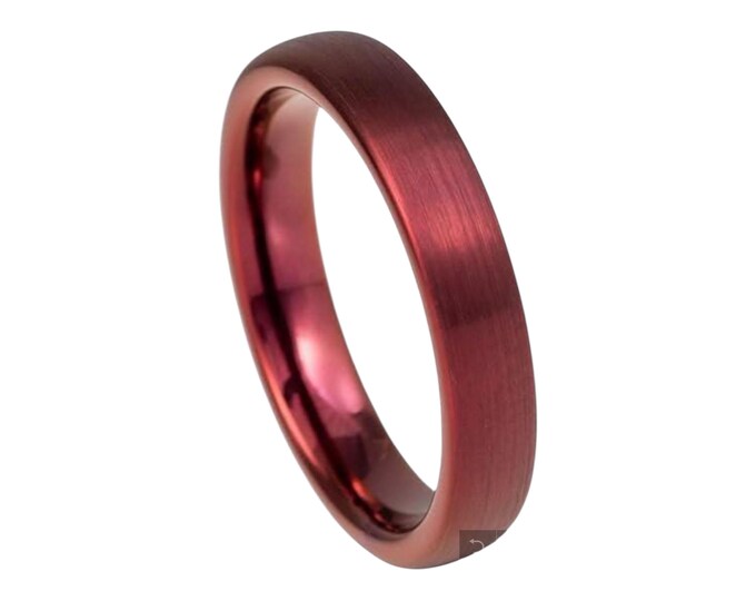 Tungsten Wedding Band, Custom Engraved Statement Ring, 4mm Red Wine Stain IP Plated Dome Ring with Brushed Finish, Personalised Dainty Ring