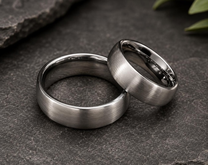 Custom Laser Engraved Tungsten Carbide Ring Set, Brushed Dome Wedding Bands, Personalized Matching Anniversary Promise Rings Gift For Couple