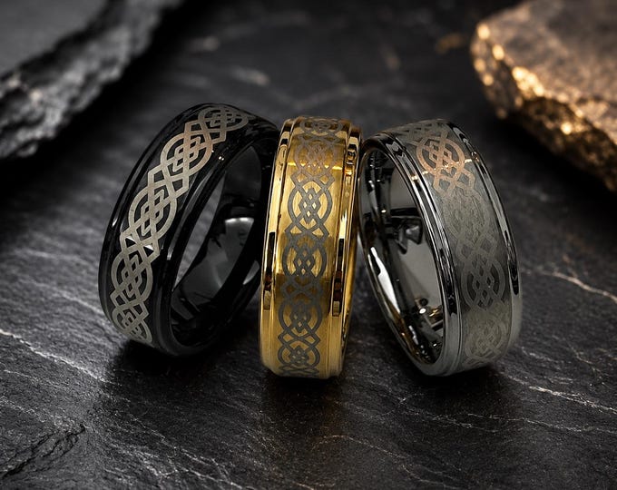 Personalized Engraved Tungsten Carbide Celtic Knot Ring, Loyal Knot Wedding Band, Step Edge Comfort Fit Ring, Custom His-Hers Promise Ring