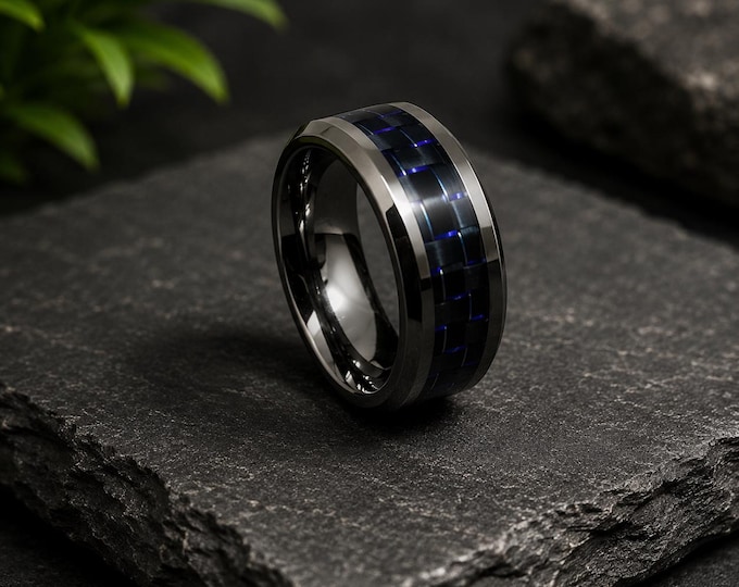 Custom Engraved Titanium Wedding Band, Blue Carbon Fiber Inlay Ring, Personalized Wedding Ring, Comfort Fit Anniversary Gift for 8mm Band