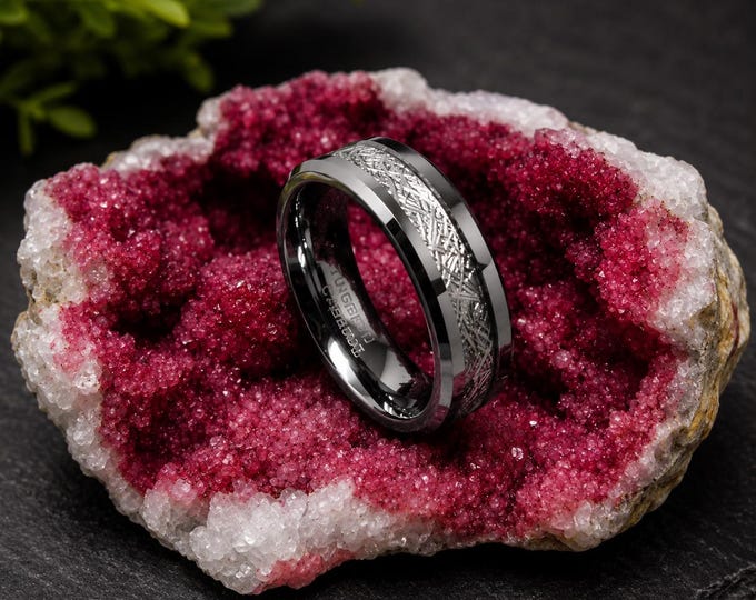 8mm Silver Tungsten Wedding Band, Beveled Edge Meteorite Ring, Unique Wedding Ring, Modern Tungsten Carbide Band, Custom Style Ring