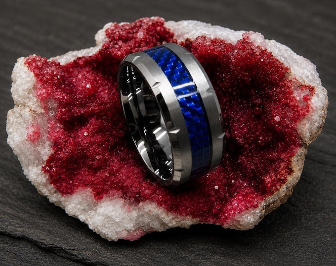 Personalized Tungsten Carbide Ring, Wedding Band with Blue Carbon Fiber Inlay, 8mm Engraved Ring for Couples, Modern Durable Groom Ring