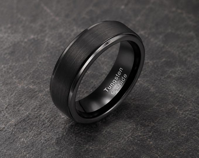 8mm Tungsten Wedding Ring, Custom Engraved Minimalist Band, Black Plated Brushed Step Edge Tungsten Anniversary Ring Wedding Band Gift