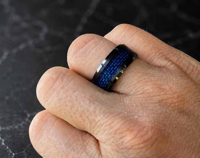 Tungsten Carbide Wedding Ring with Blue Carbon Fiber Inlay, Modern Cut Design Band, Stylish Unisex Couple Ring, Promise Ring for Him & Her