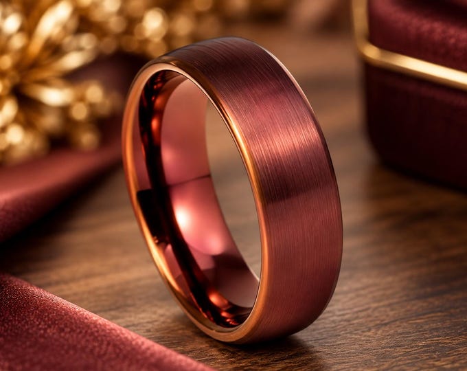Personalized Red Wine Tungsten Ring, Custom Engraved Brushed Dome Wedding Band, Men's Tungsten Wedding Ring, Anniversary Gift Jewelry