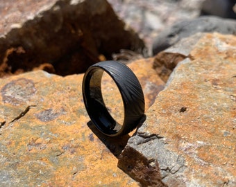 8mm Tungsten Black IP Plated Mokume Gane Ring, Personalized Laser Carved Wedding Band, Custom Engraved Anniversary Engagement Jewelry