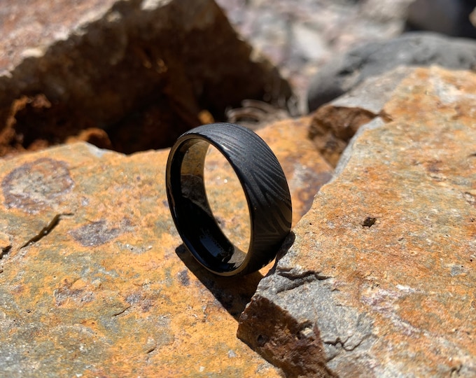 Personalized Engraving 8mm Tungsten Black IP Plated Laser Carved Mokume Gane | Engagement Anniversary | Wedding Band Ring for Men Or Women