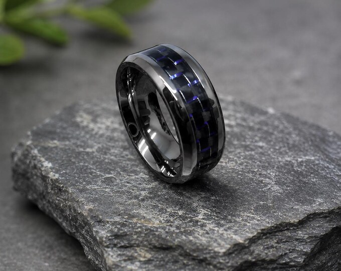 Custom Engraved Titanium Wedding Band, Blue Carbon Fiber Inlay Ring, Beveled Edge Comfort Fit Ring, Personalized Promise Ring for Couples
