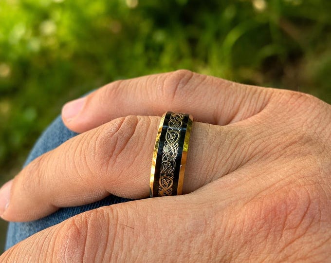 Black & Rose Gold Tungsten Ring, Dragon Celtic Wedding Band, Personalized Engraved Ring, Custom Wedding Band, Comfort Fit Anniversary Gift