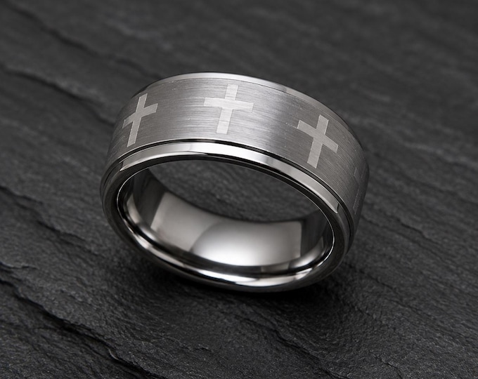 Engraved Christian Tungsten Ring, Cross Symbol Wedding Band, Custom Promise Ring, Scratch-Resistant Carbide Personalized Religious Jewelry